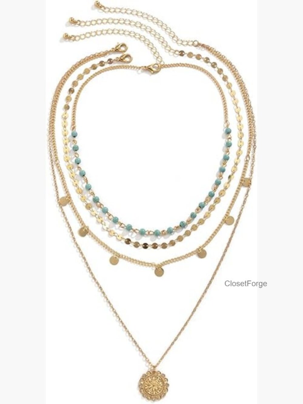 Layered Pendant Necklace with Turquoise Coin Design Boho